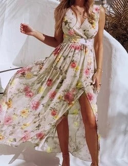 Printed chiffon split V-neck dress