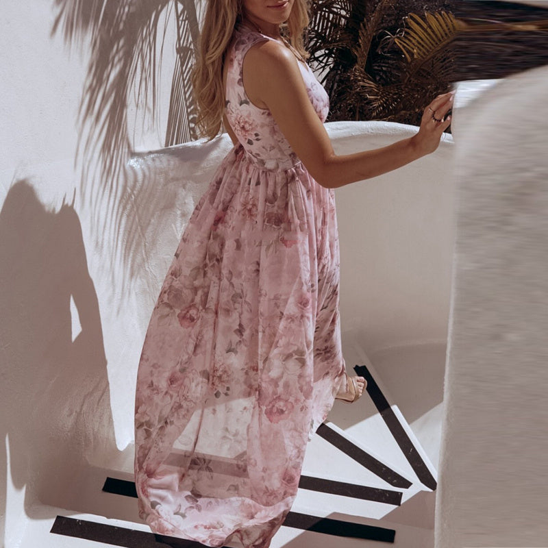 Printed chiffon split V-neck dress